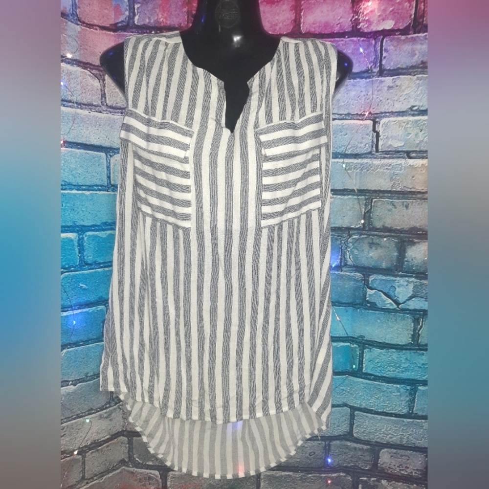 Faith and Joy Blue and White Striped Blouse 100% Rayon  2X